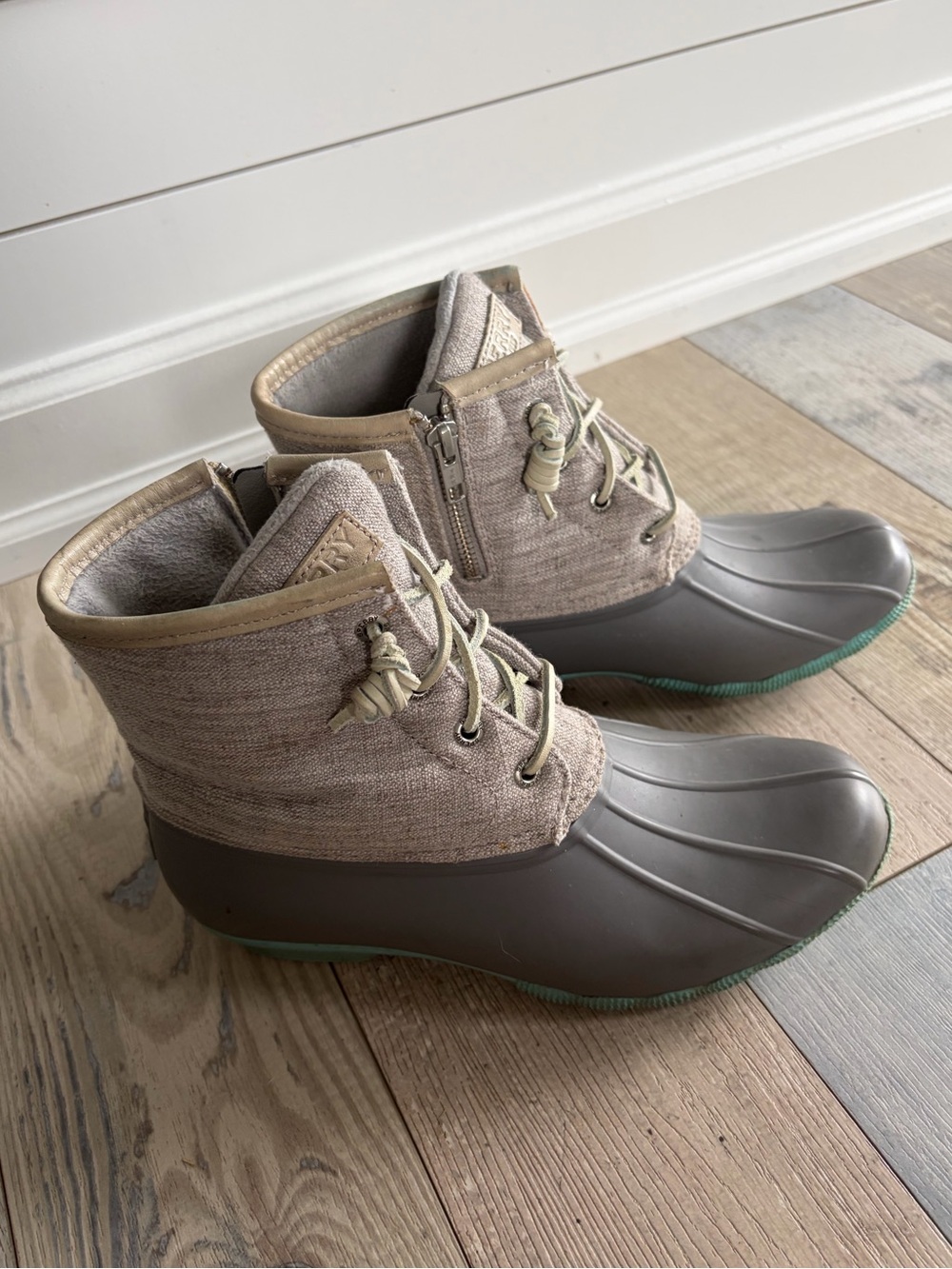 Sperry Taupe Fabric and Gray Rubber Winter Duck Boots